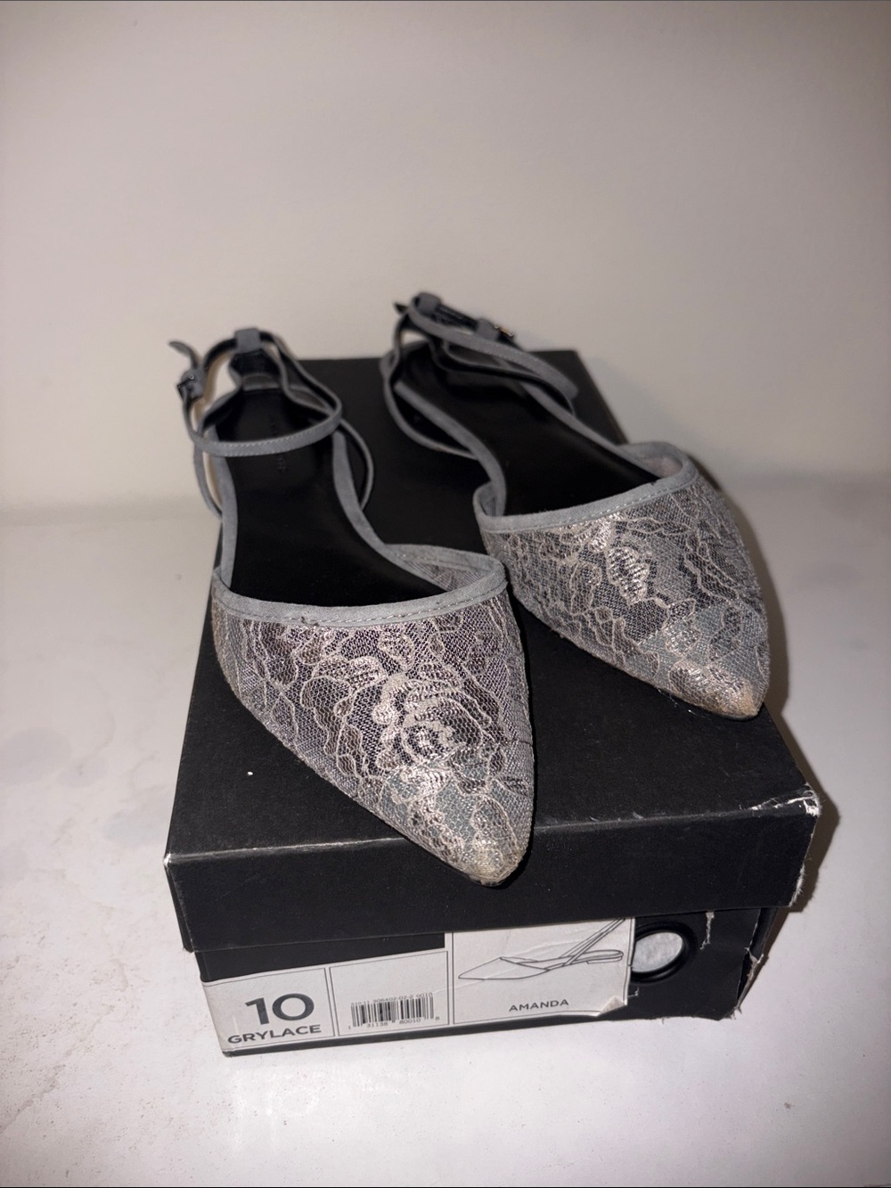 Pointed Lace-Overlay Ankle-Strap Flats in Silver
